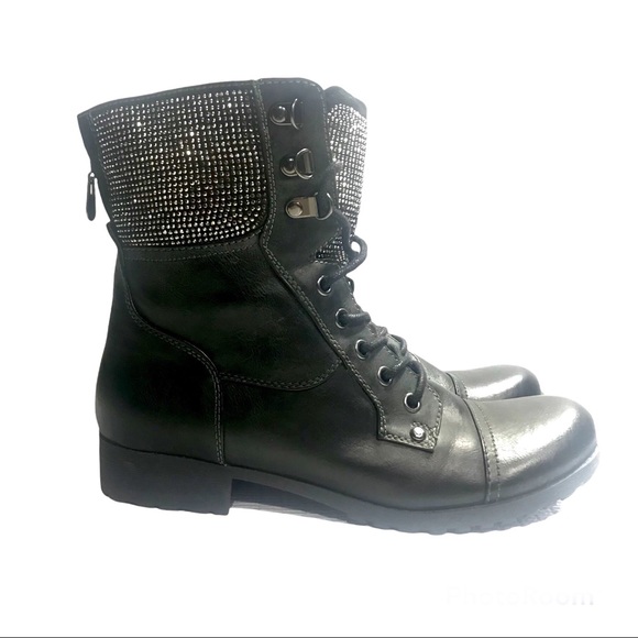 G by Guess Shoes - G by Guess 8.5 M Black Leather Lace Up Combat Ankle Boots w/Rhinestones